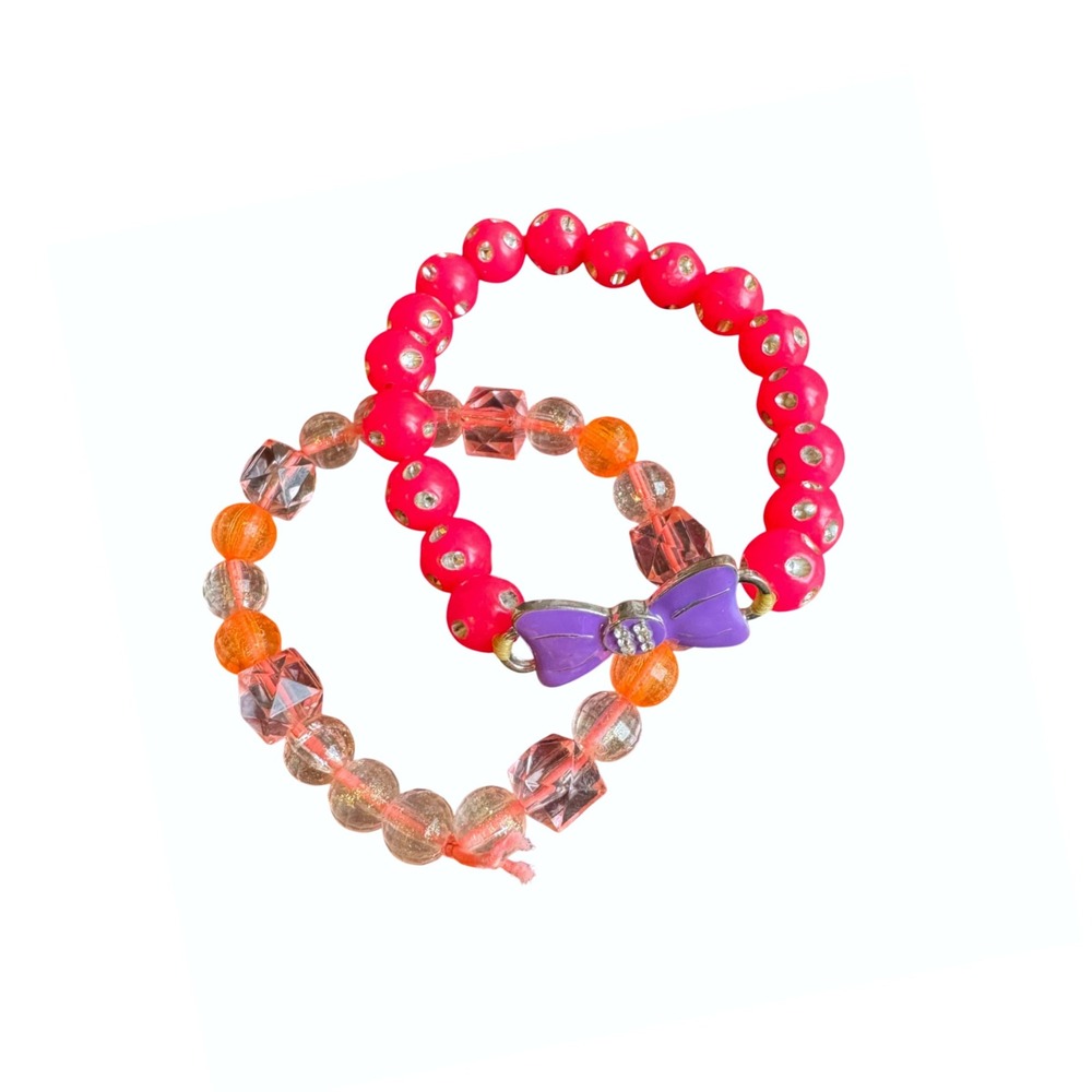 Girls Beaded Stretch Bracelet Set Hot Pink Rhinestone Orange‎ Faceted Purple Bow
